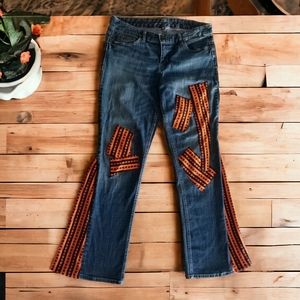 Bright Orange Geometric Retro Upcycled Bellbottom Jeans w Vintage Fabric Size 8